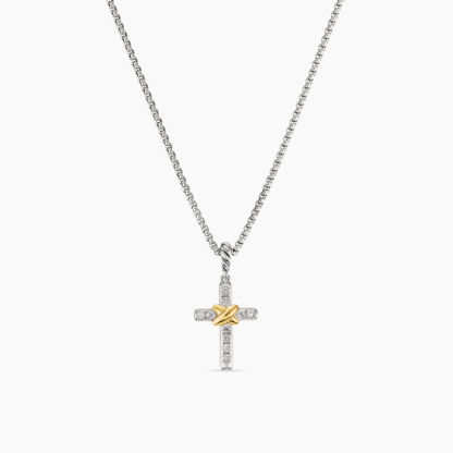 Petite X Cross Necklace Sterling Silver with 14K Yellow Gold