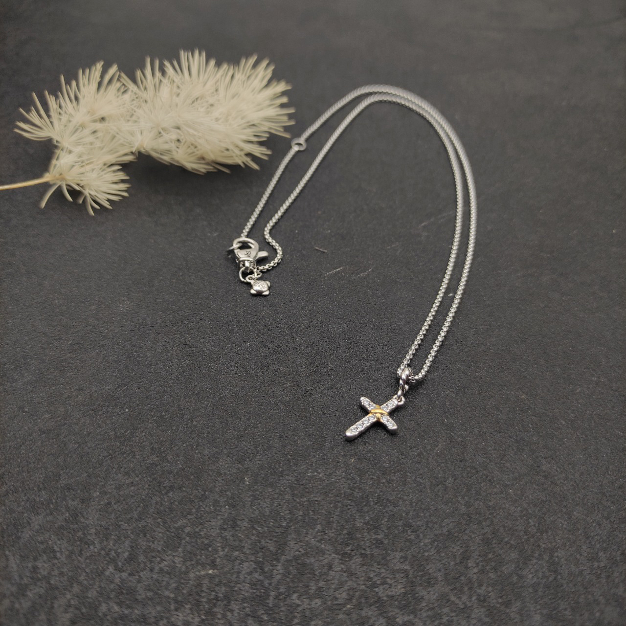 Petite X Cross Necklace Sterling Silver with 14K Yellow Gold