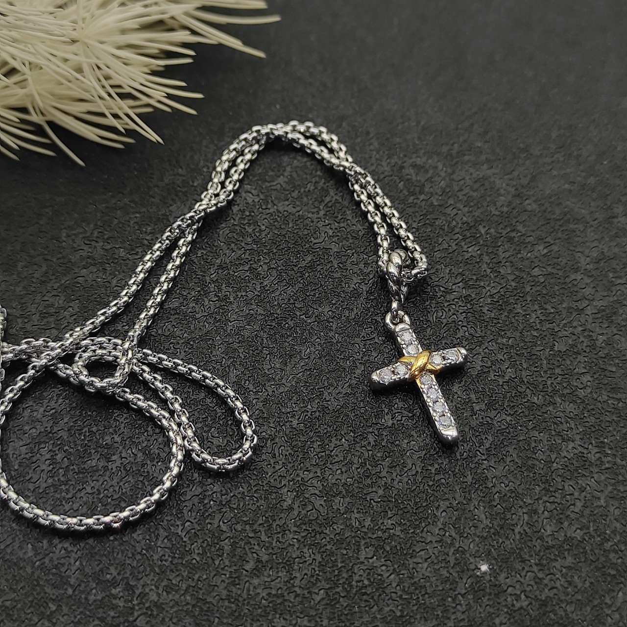 Petite X Cross Necklace Sterling Silver with 14K Yellow Gold