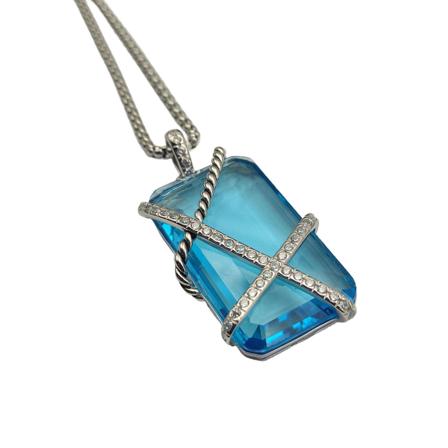 Cable Wrap Amulet Sterling Silver with Blue Topaz and Diamonds, 32mm