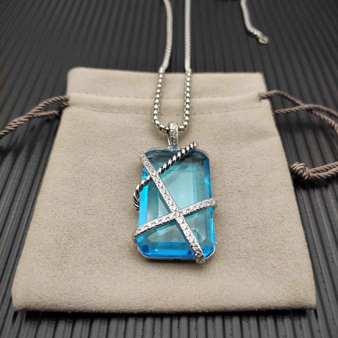 Cable Wrap Amulet Sterling Silver with Blue Topaz and Diamonds, 32mm