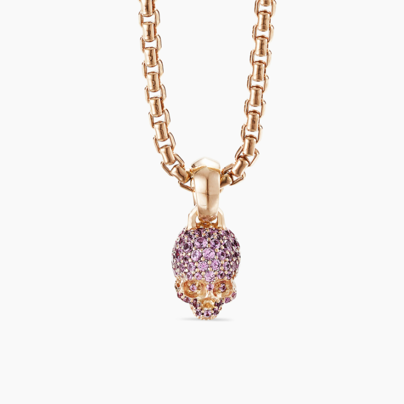 Skull Amulet Full Pavé Purple Sapphires and 18K Rose Gold, 14mm