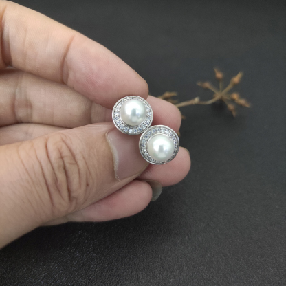 Pearl Classics Cable Halo Button Earrings Sterling Silver with Diamonds, 13mm