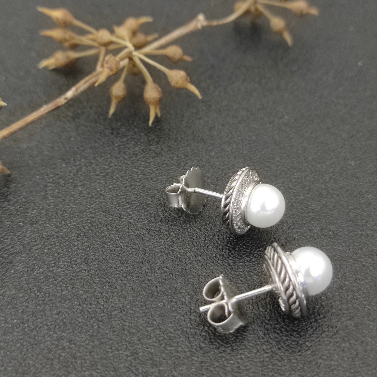 Pearl Classics Cable Halo Button Earrings Sterling Silver with Diamonds, 13mm