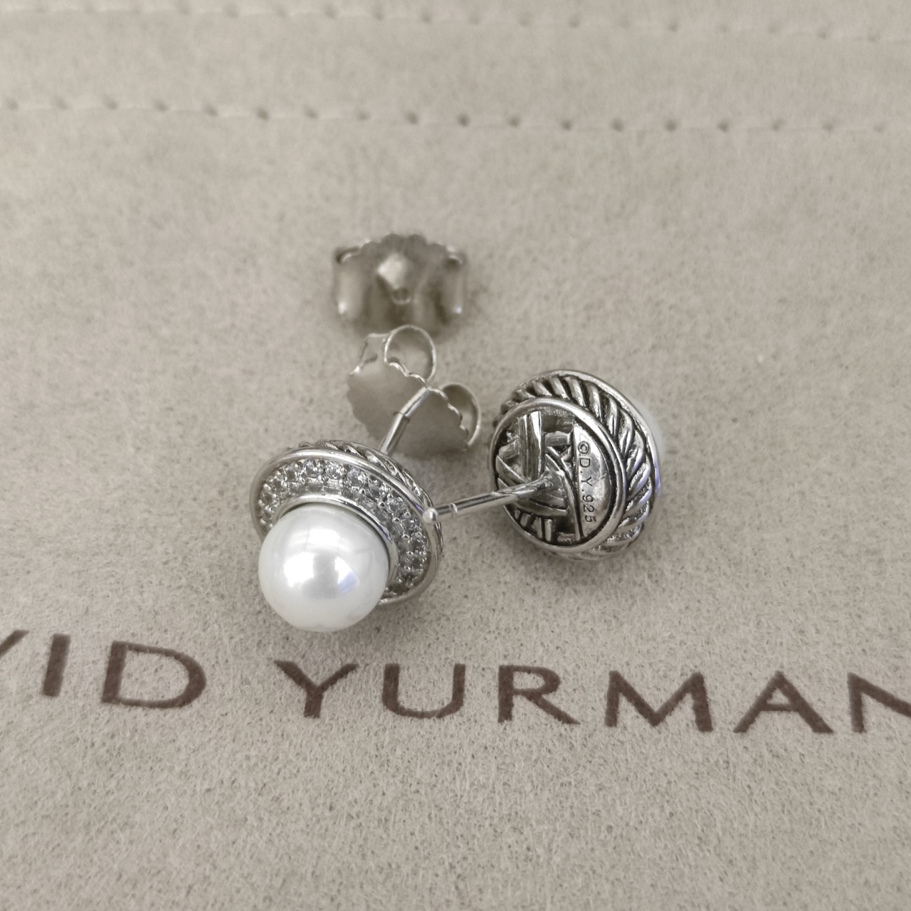 Pearl Classics Cable Halo Button Earrings Sterling Silver with Diamonds, 13mm