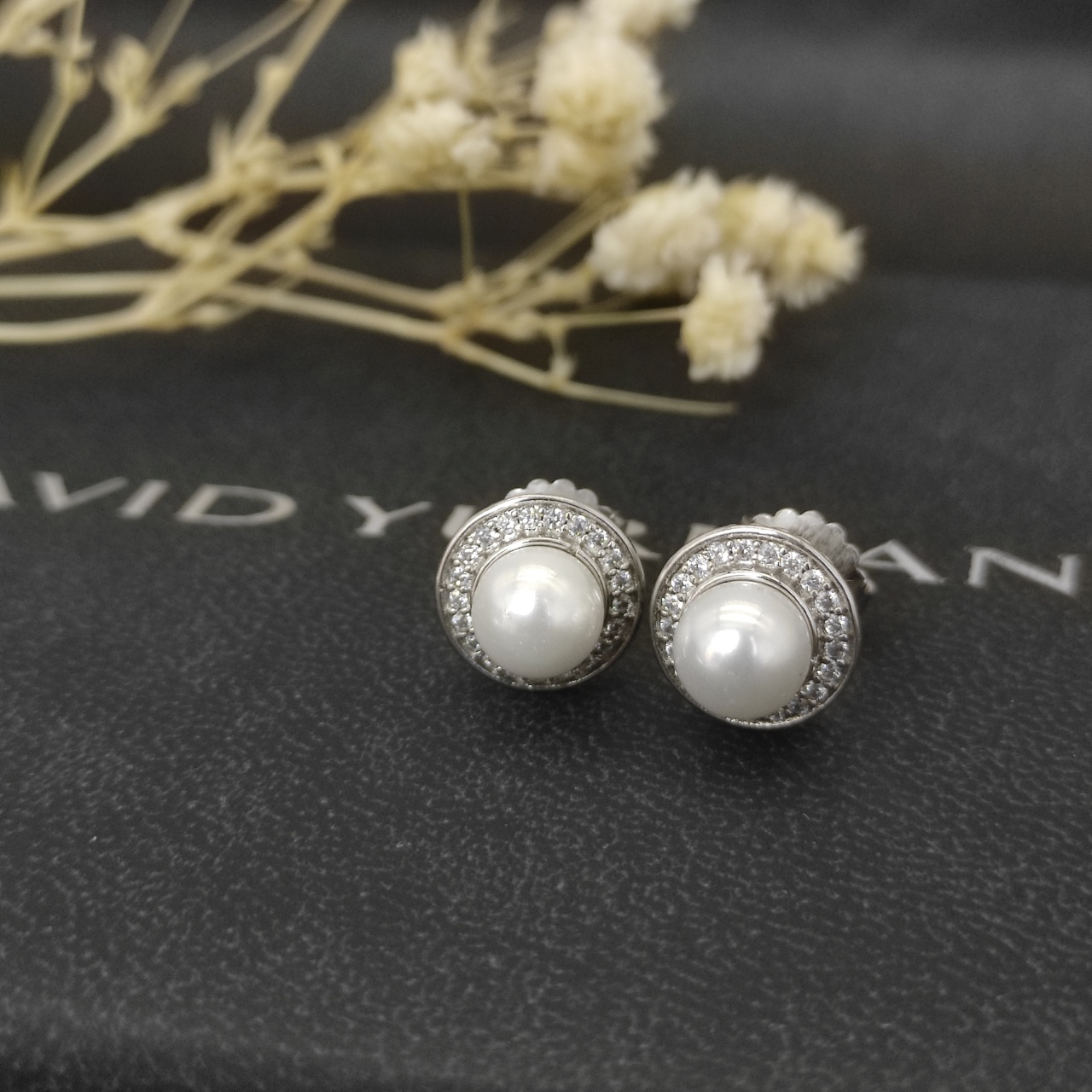 Pearl Classics Cable Halo Button Earrings Sterling Silver with Diamonds, 13mm