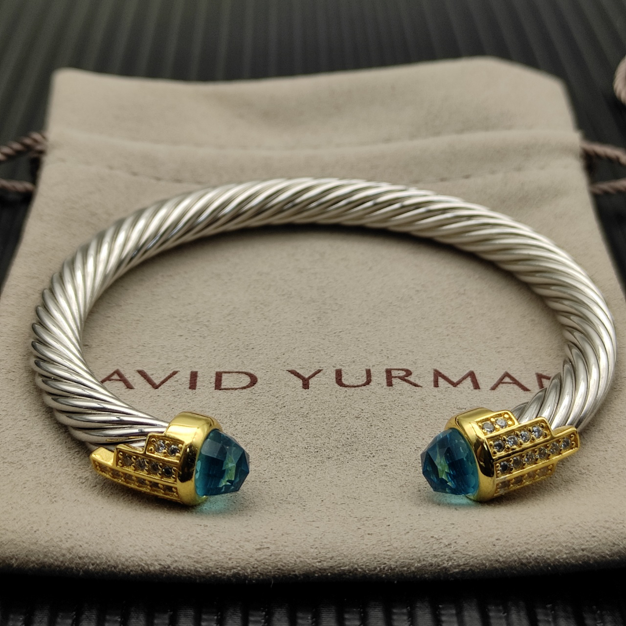 7mm Cable Bracelet with Blue & Diamond Accents – Gold Cap
