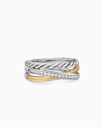 Crossover Three Row Ring Sterling Silver with 18K Yellow Gold and Diamonds