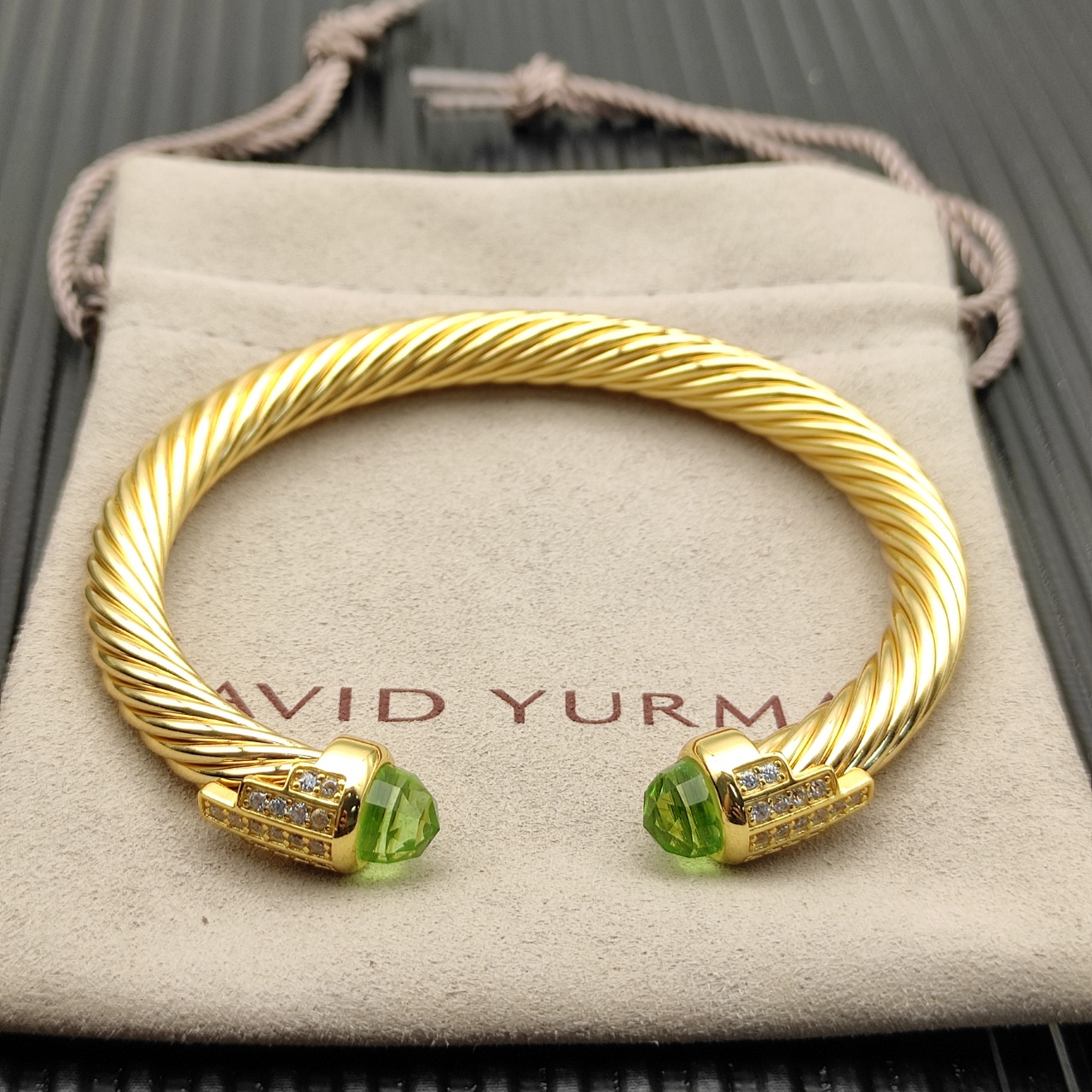 7mm Cable Bracelet with Light Green & Diamond Accents