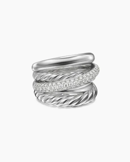 Crossover Five Row Ring Sterling Silver with Diamonds, 17.5mm