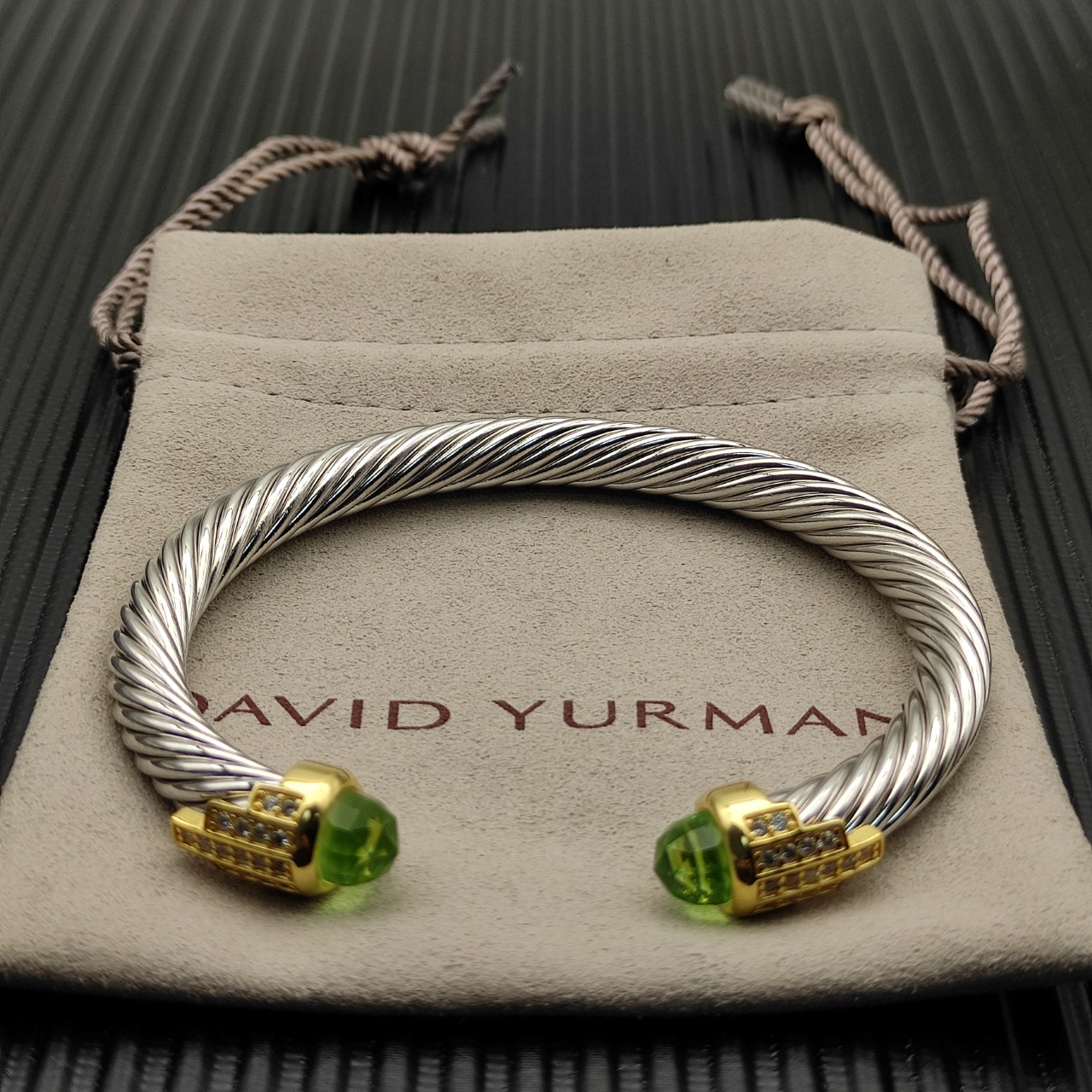 7mm Cable Bracelet with Light Green & Diamond Accents – Gold Cap