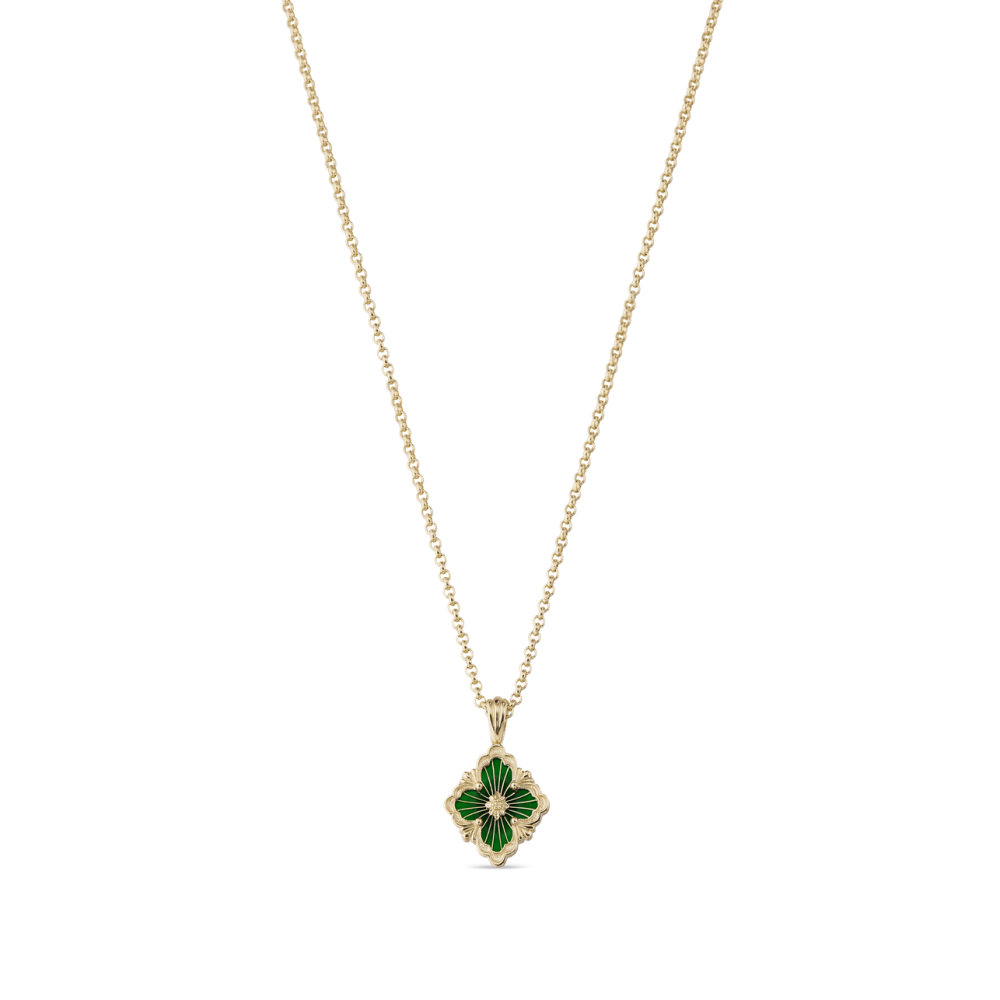 OPERA TULLE GOLD PENDANT WITH GREEN ENAMEL BACKGROUND AND LOGO