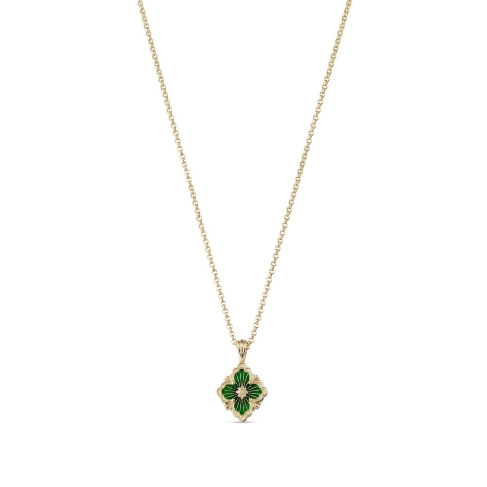 OPERA TULLE GOLD PENDANT WITH GREEN ENAMEL BACKGROUND AND LOGO