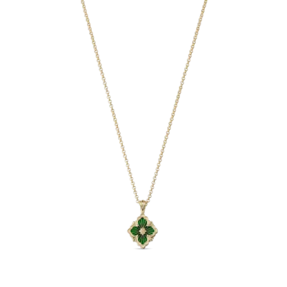 OPERA TULLE GOLD PENDANT WITH GREEN ENAMEL BACKGROUND AND LOGO