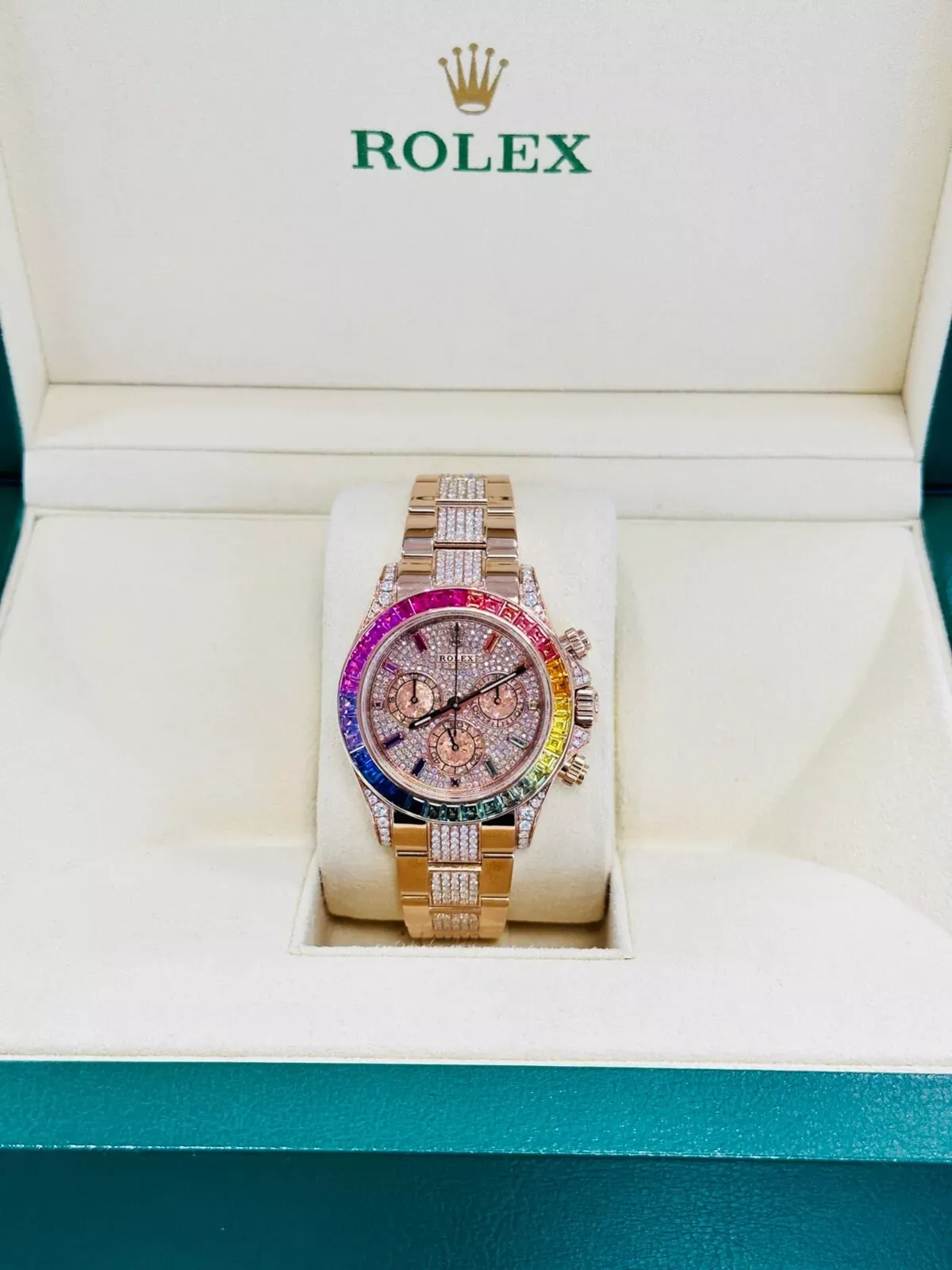 Cosmograph Daytona Rainbow colored baguette Bezel Rose Gold Diamond Oyster Men's Watch 116505