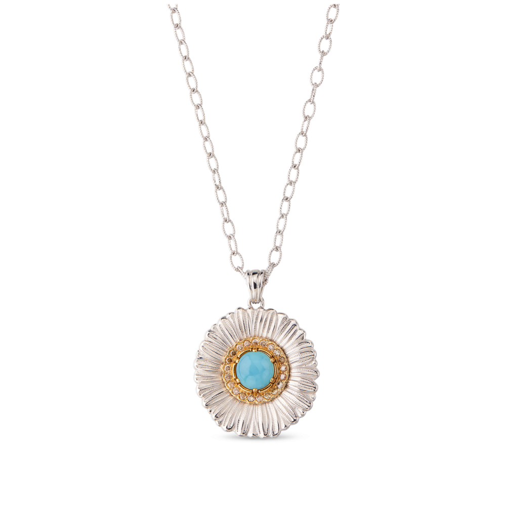 BLOSSOMS SILVER PENDANT WITH FANCY BROWN DIAMONDS AND LIGHT BLUE AGATE