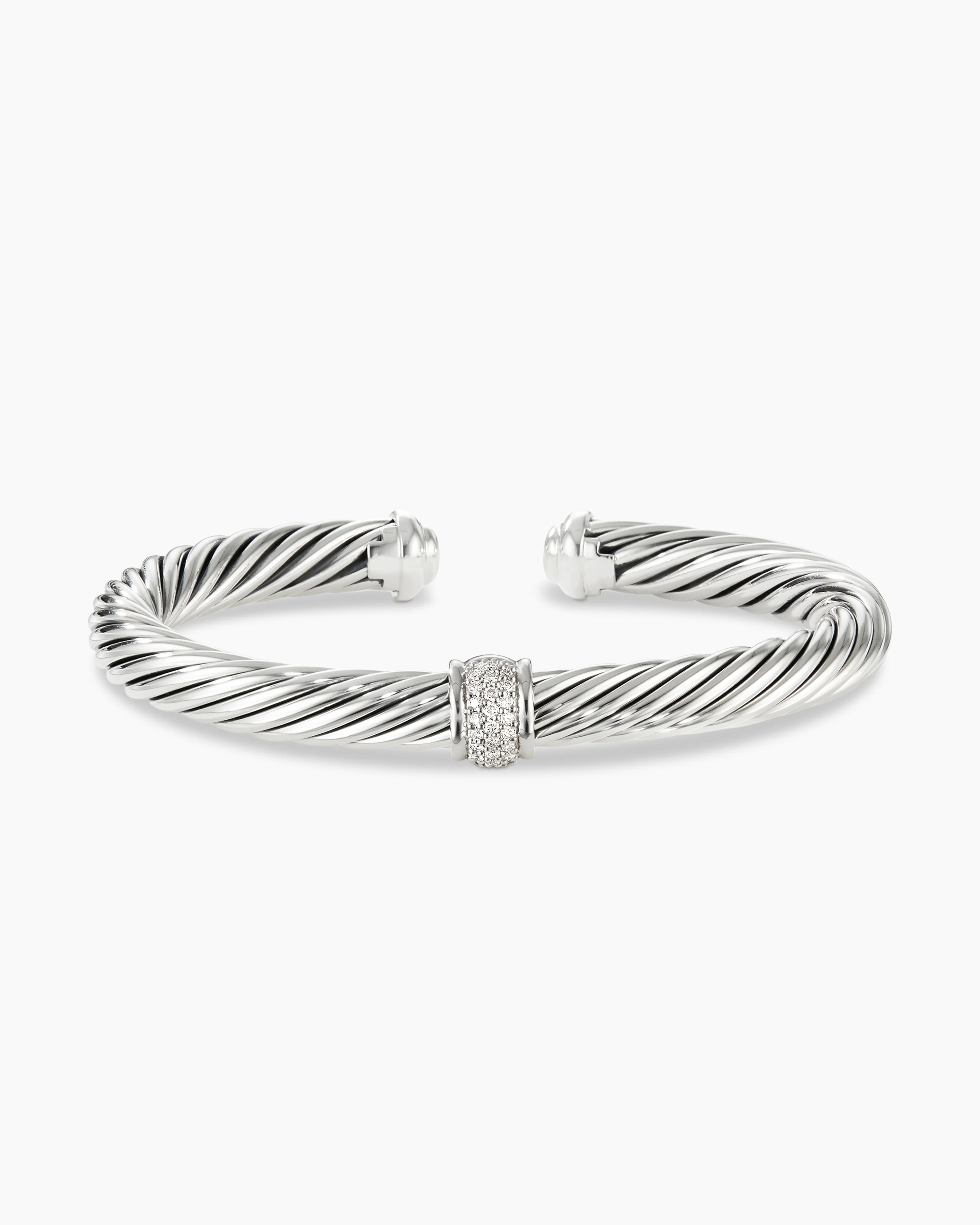 Classic Cable Station Bracelet Sterling Silver with Pave Diamonds, 7mm