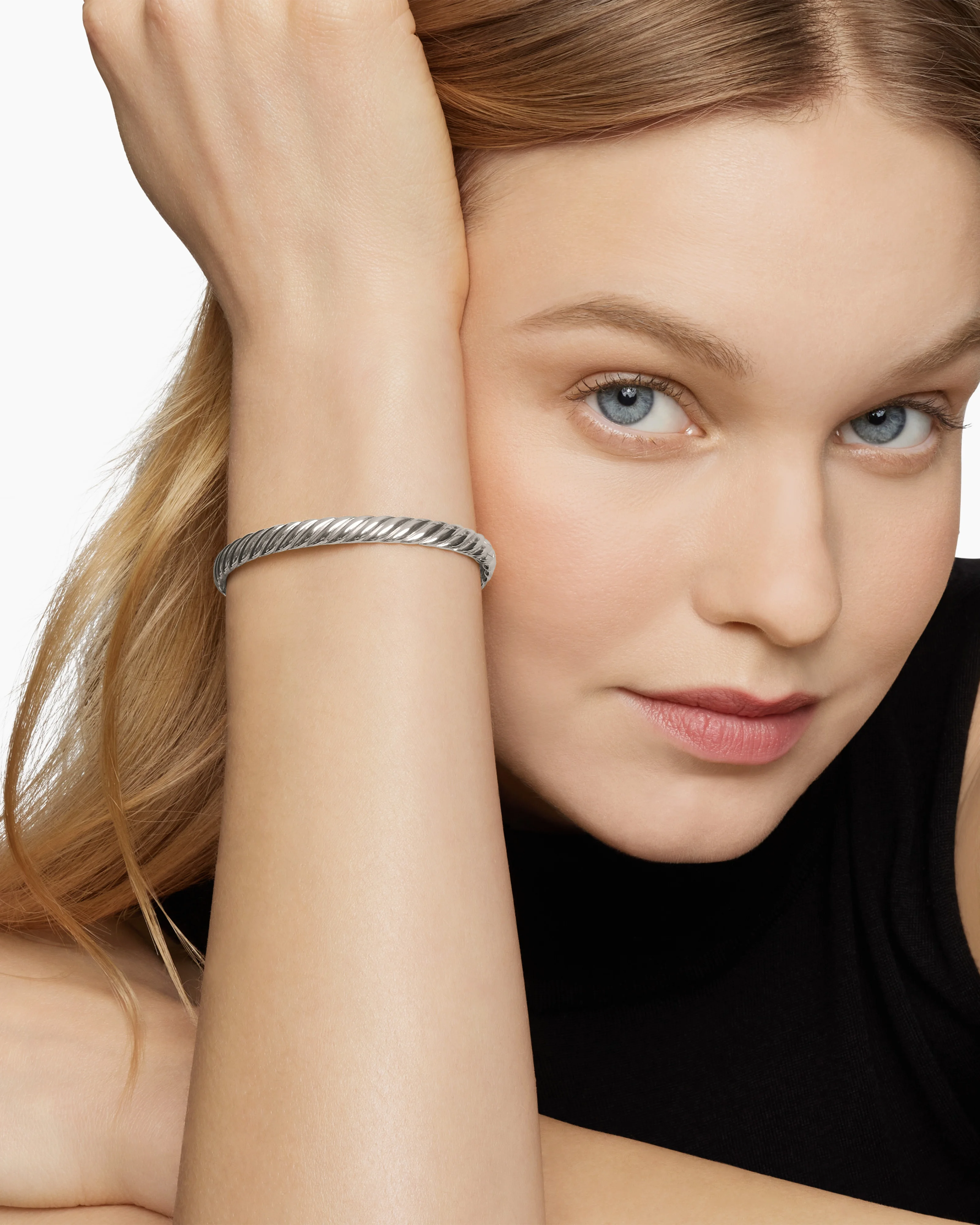 Sculpted Cable Bangle Bracelet 18K White Gold, 6.2mm
