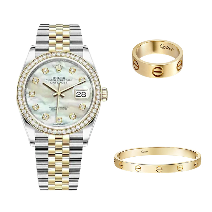 3-PIECE STACK - DATEJUST 36, YELLOW GOLD, LOVE BRACELET & RING