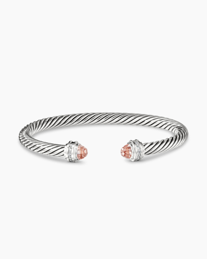 Classic Cable Bracelet Sterling Silver with Morganite and Diamonds, 5mm