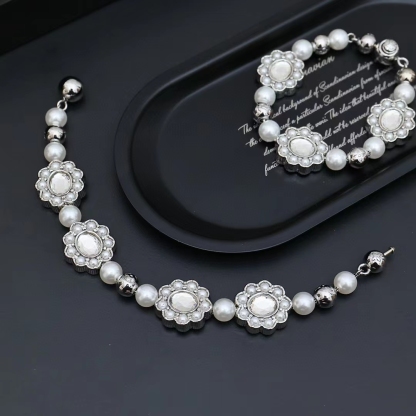 Silver Flower Brass Glass Bead Bracelet