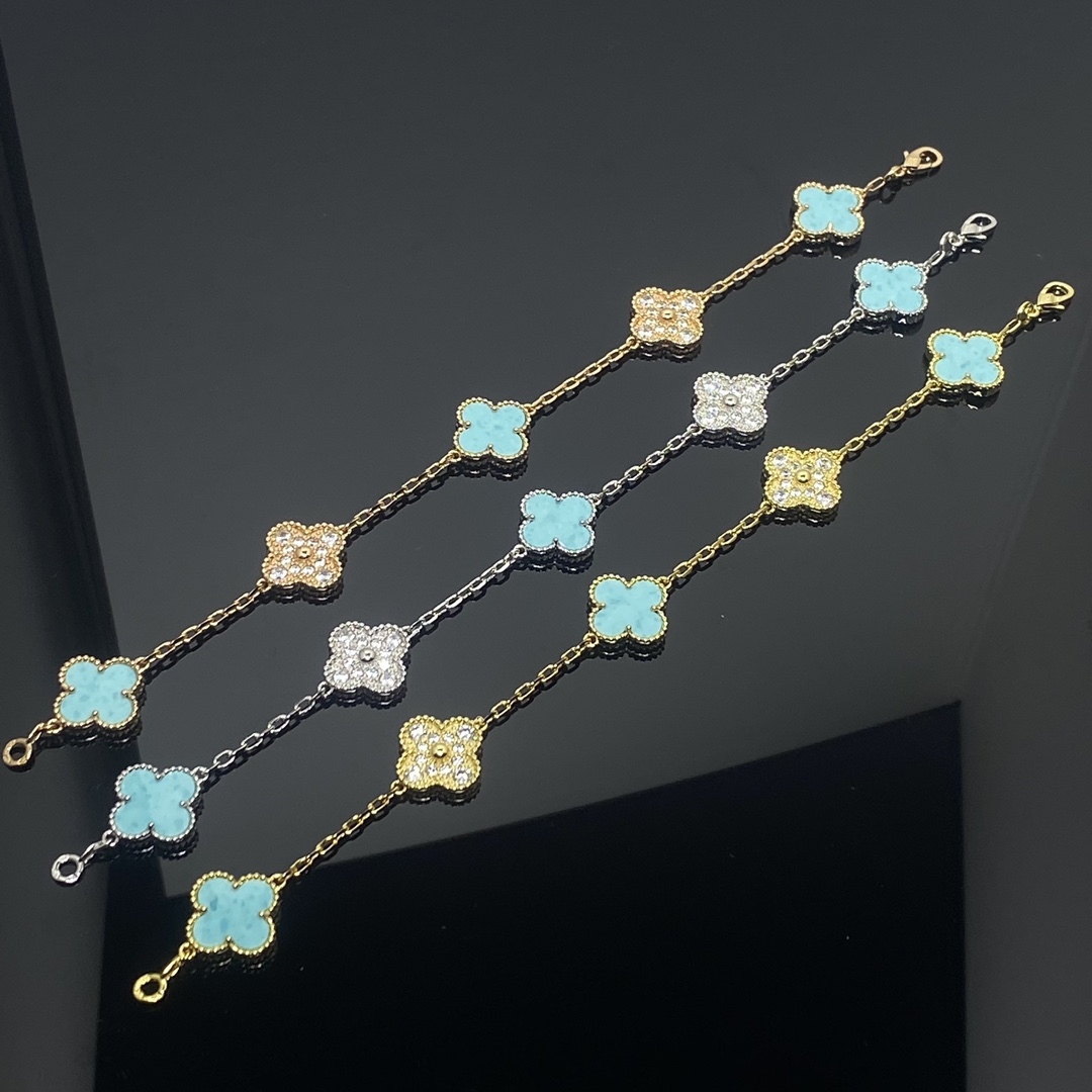 CLOVER 5 MOTIF TURQUOISE DIAMOND GOLD BRACELET