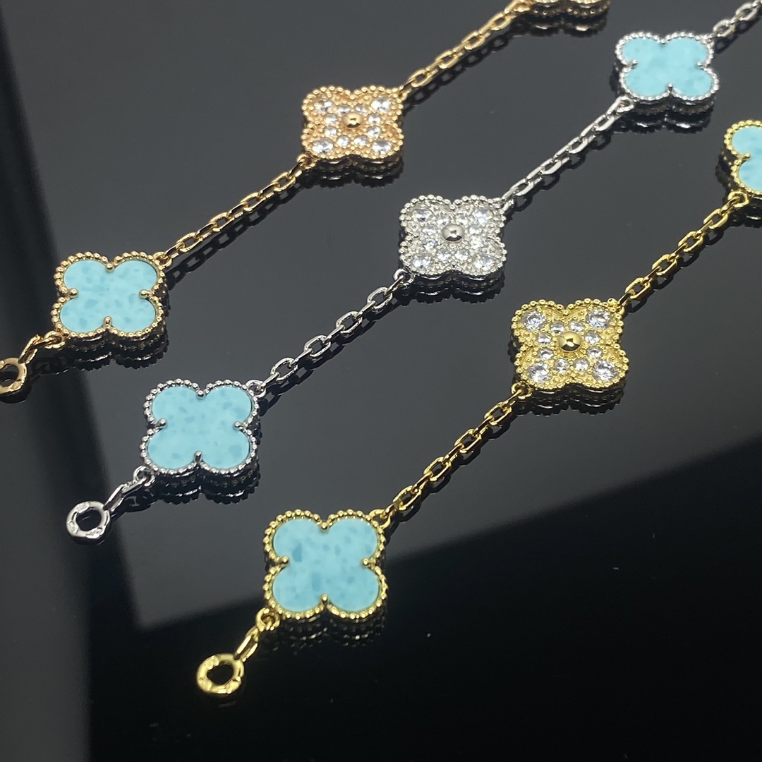 CLOVER 5 MOTIF TURQUOISE DIAMOND GOLD BRACELET