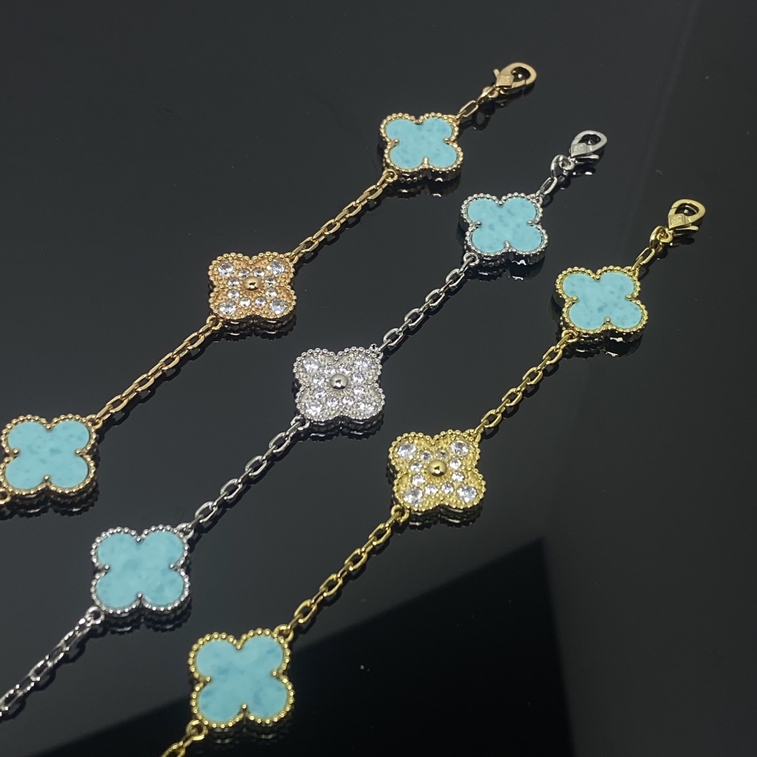CLOVER 5 MOTIF TURQUOISE DIAMOND GOLD BRACELET