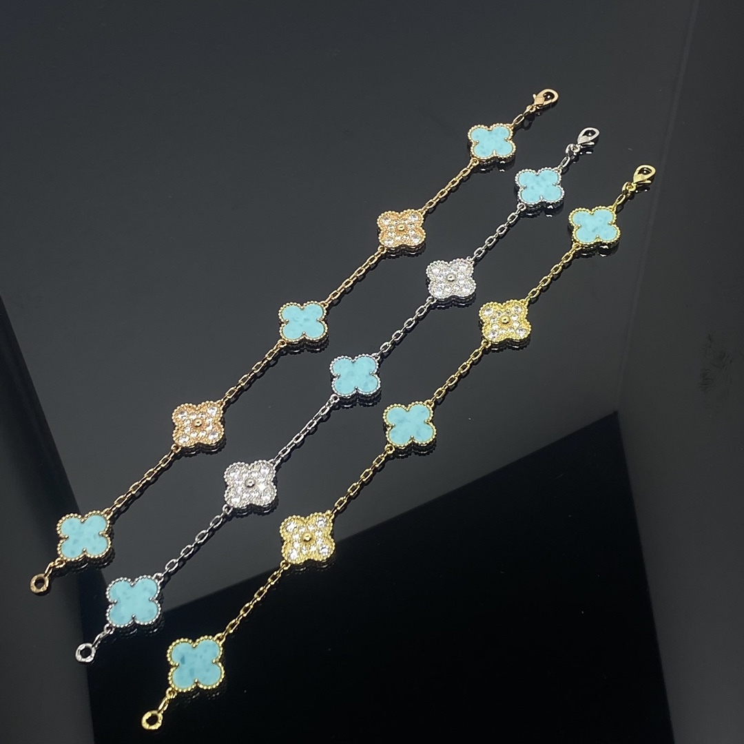 CLOVER 5 MOTIF TURQUOISE DIAMOND GOLD BRACELET