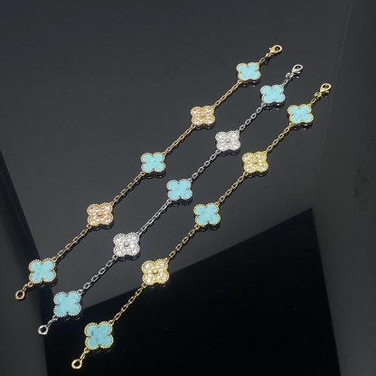 CLOVER 5 MOTIF TURQUOISE DIAMOND GOLD BRACELET