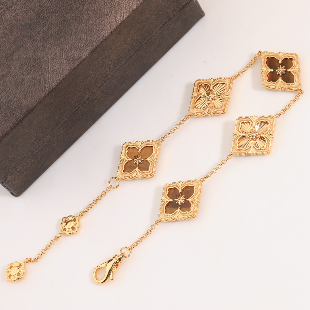 Retro palace style diamond brushed four-leaf clover shell agate chalcedony double-sided bracelet