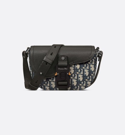 Mini Saddle Messenger Bag with Flap Beige and Black Oblique Jacquard with Black Grained Calfskin