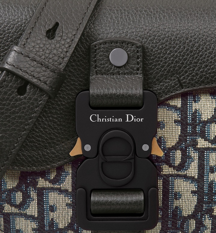 Mini Saddle Messenger Bag with Flap Beige and Black Oblique Jacquard with Black Grained Calfskin