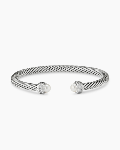 Classic Cable Bracelet Sterling Silver with Pearls and Diamonds, 5mm