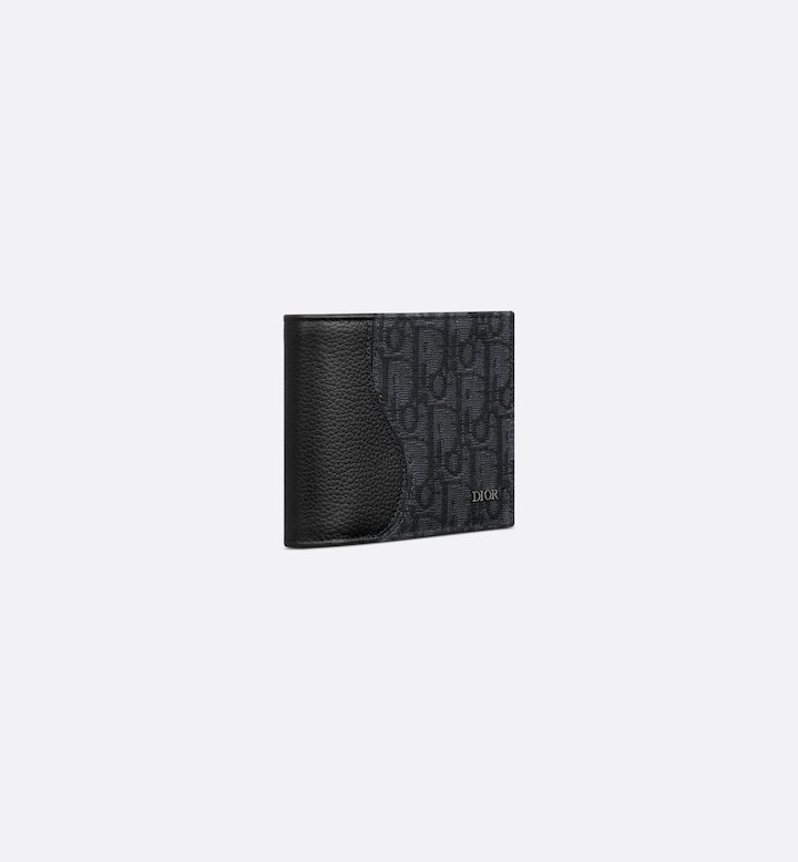 Saddle Bifold Card Holder  Black Grained Calfskin Marquetry and Black Oblique Jacquard