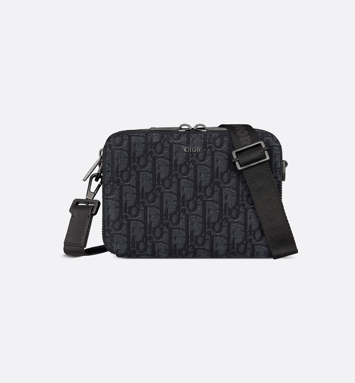 Zipped Pouch with Strap Black Oblique Jacquard