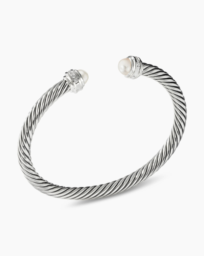 Classic Cable Bracelet Sterling Silver with Pearls and Diamonds, 5mm