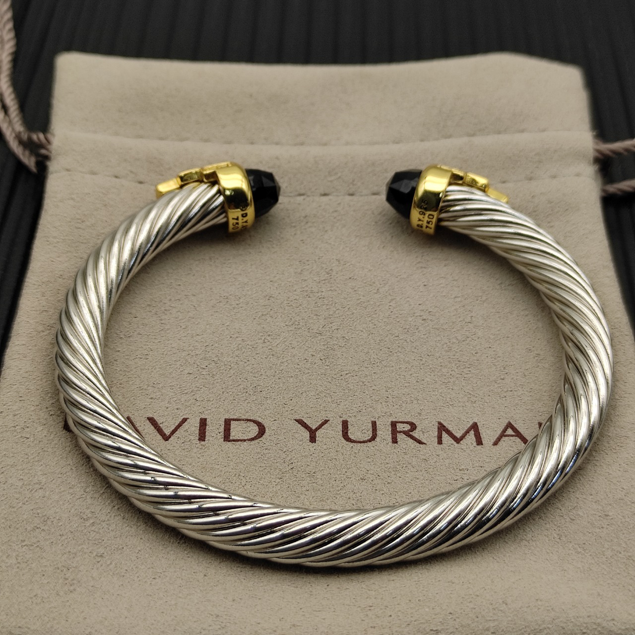 7mm Cable Bracelet with Black & Diamond Accents – Gold Cap