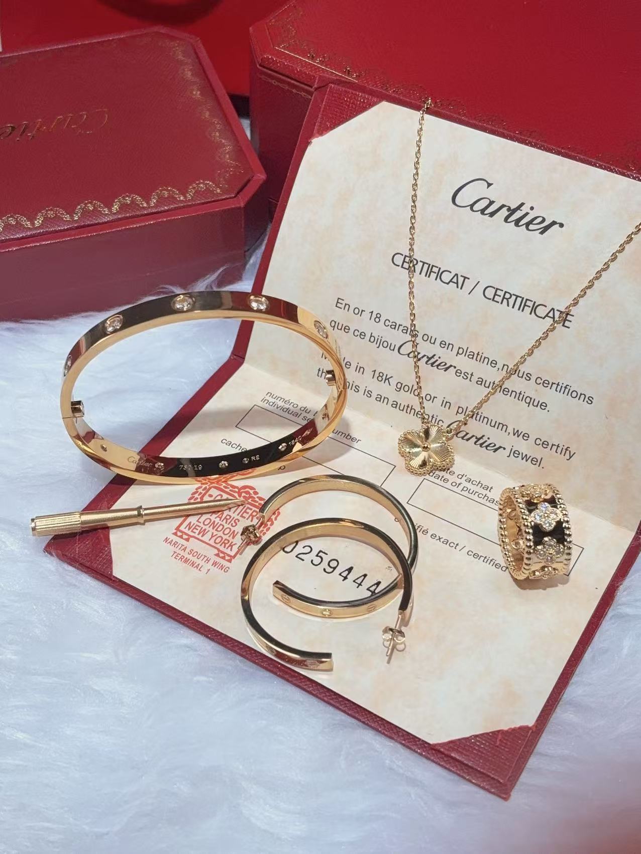 LOVE BRACELET, 10 DIAMONDS + LOVE EARRINGS + VINTAGE ALHAMBRA PENDANT + PERLEE CLOVERS RING