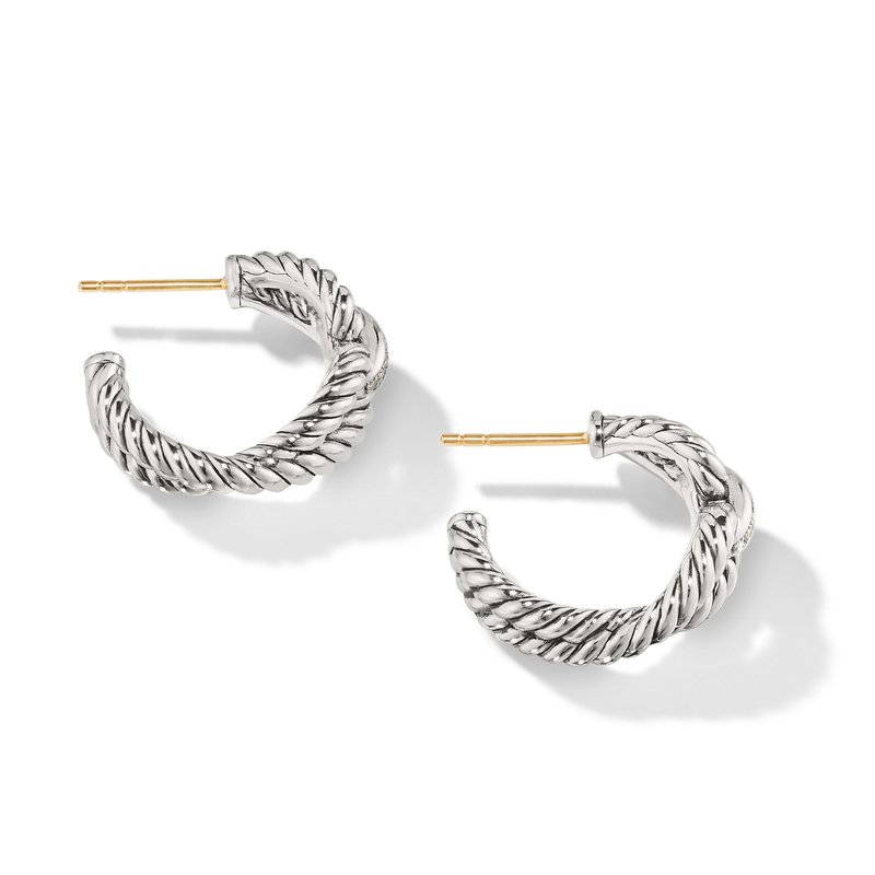 Cable Loop Hoop earrings in Sterling Silver with Pavé Diamonds