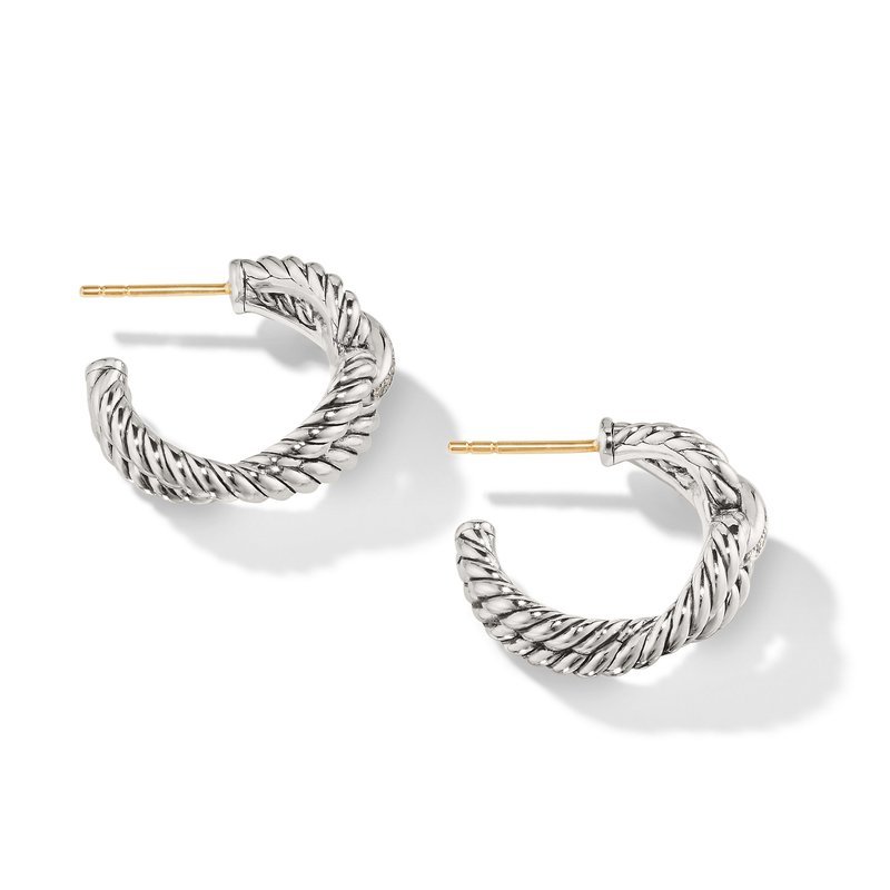 Cable Loop Hoop earrings in Sterling Silver with Pavé Diamonds
