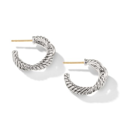 Cable Loop Hoop earrings in Sterling Silver with Pavé Diamonds