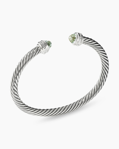 Classic Cable Bracelet Sterling Silver with Prasiolite and Diamonds, 5mm