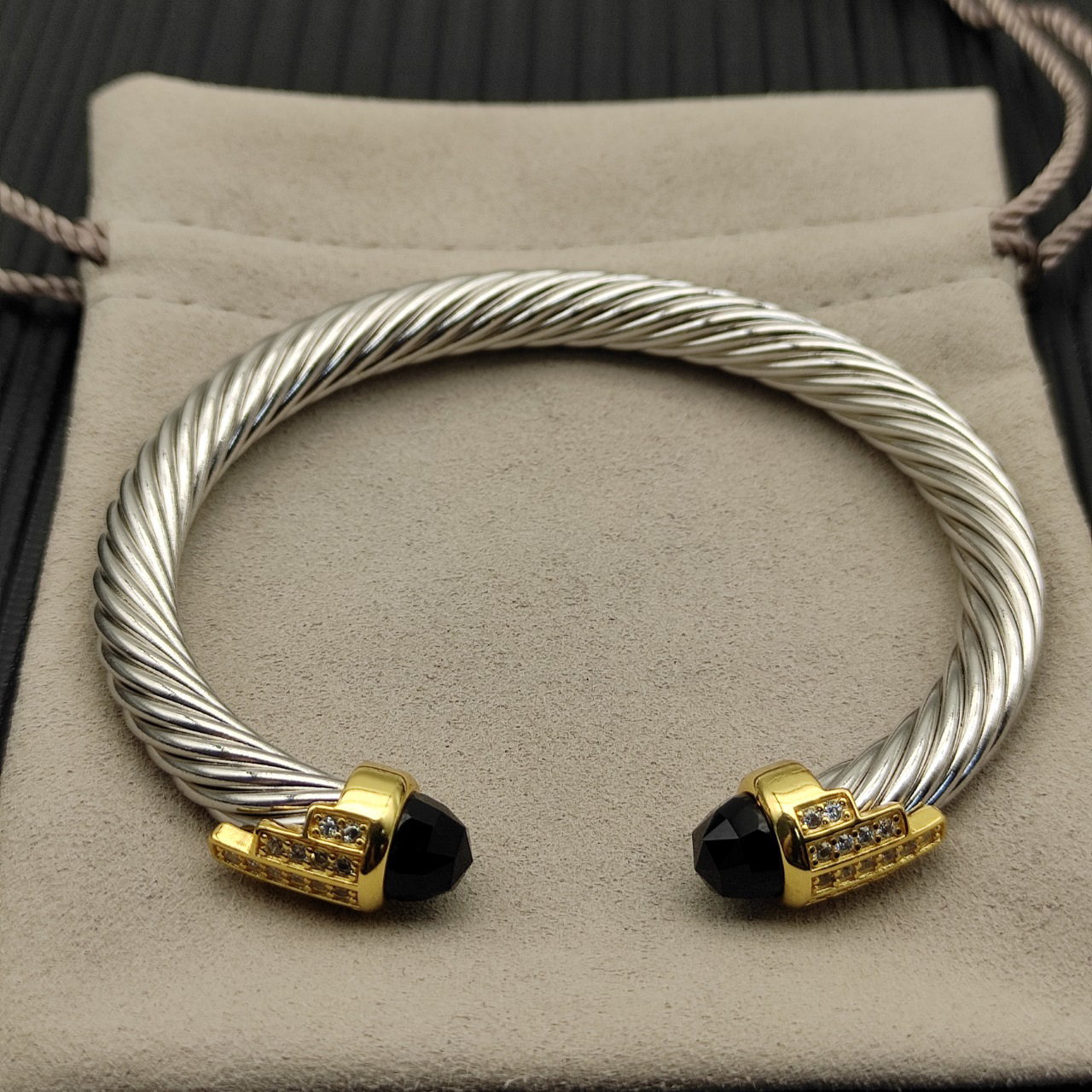 7mm Cable Bracelet with Black & Diamond Accents – Gold Cap