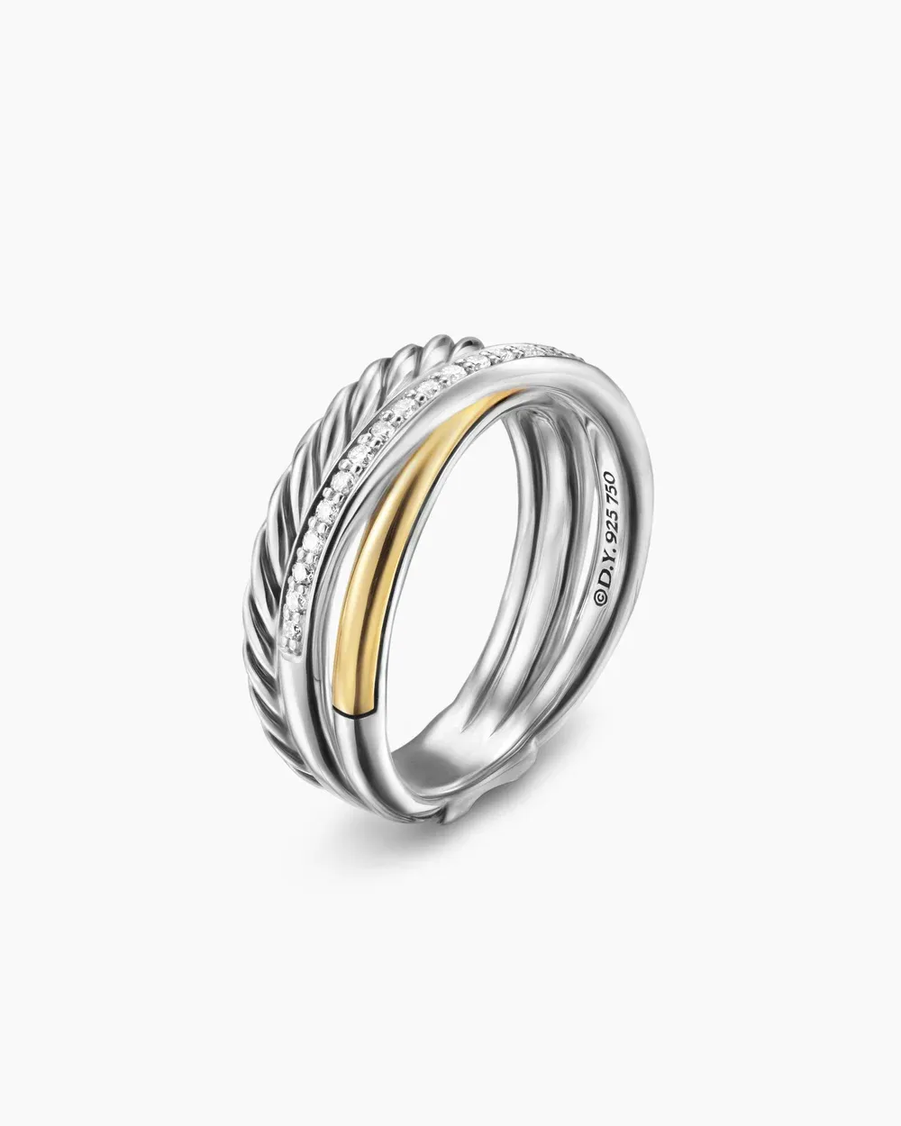 Crossover Three Row Ring Sterling Silver with 18K Yellow Gold and Diamonds