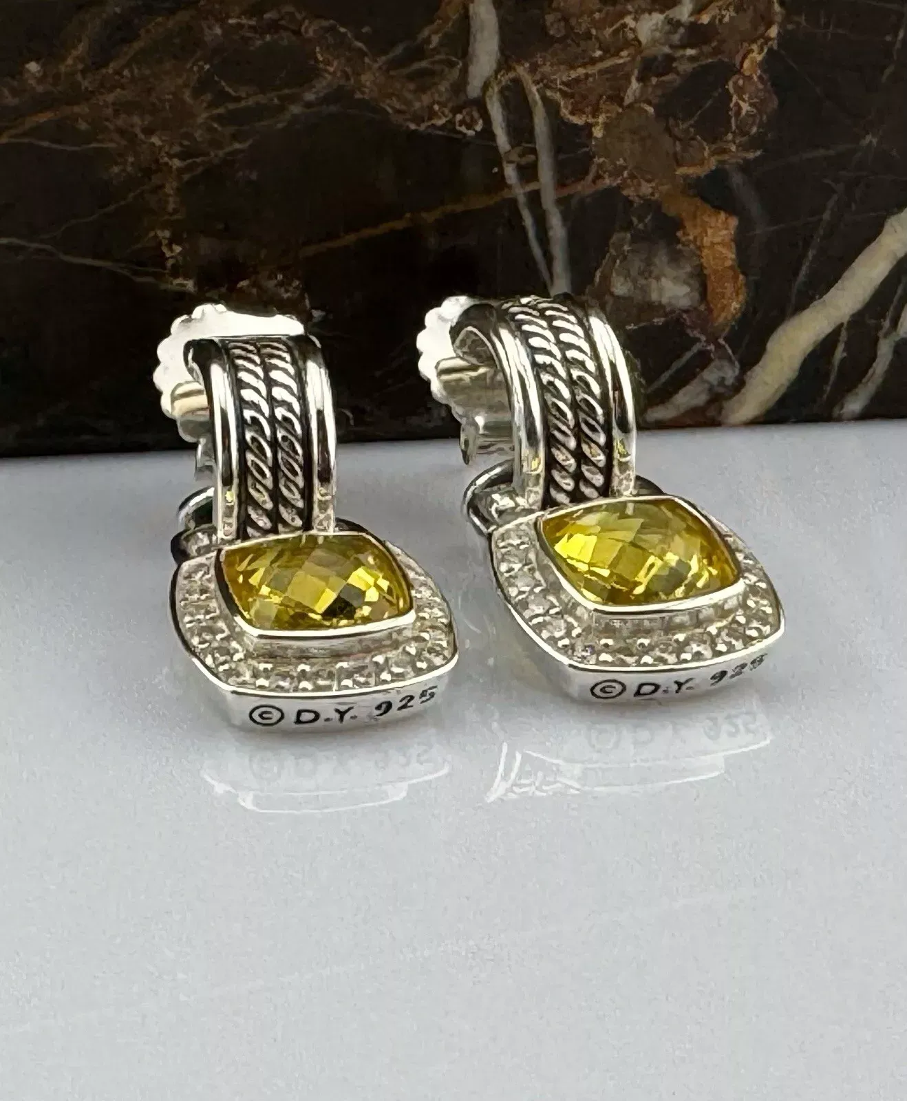 Albion® Drop Earrings Sterling Silver with Yellow Onyx and Diamonds