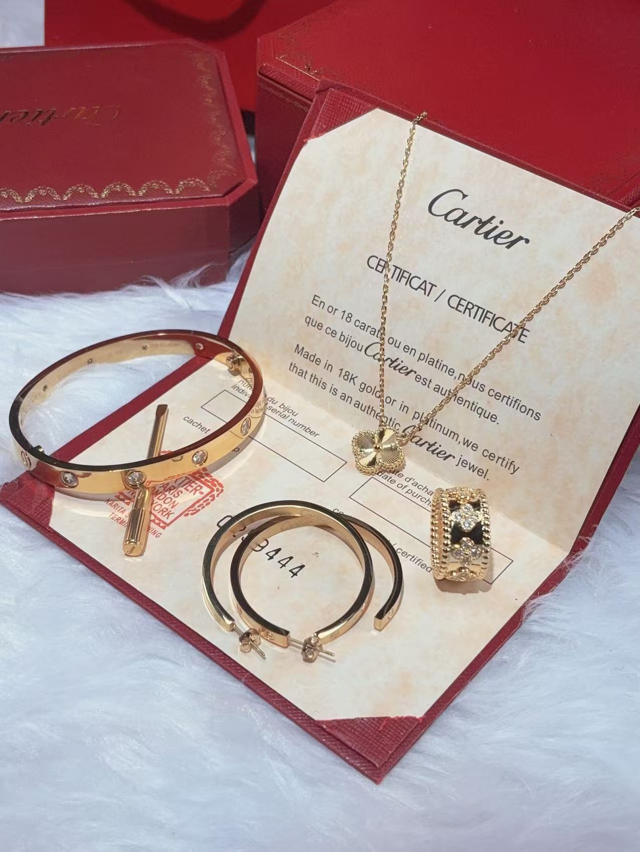 LOVE BRACELET, 10 DIAMONDS + LOVE EARRINGS + VINTAGE ALHAMBRA PENDANT + PERLEE CLOVERS RING