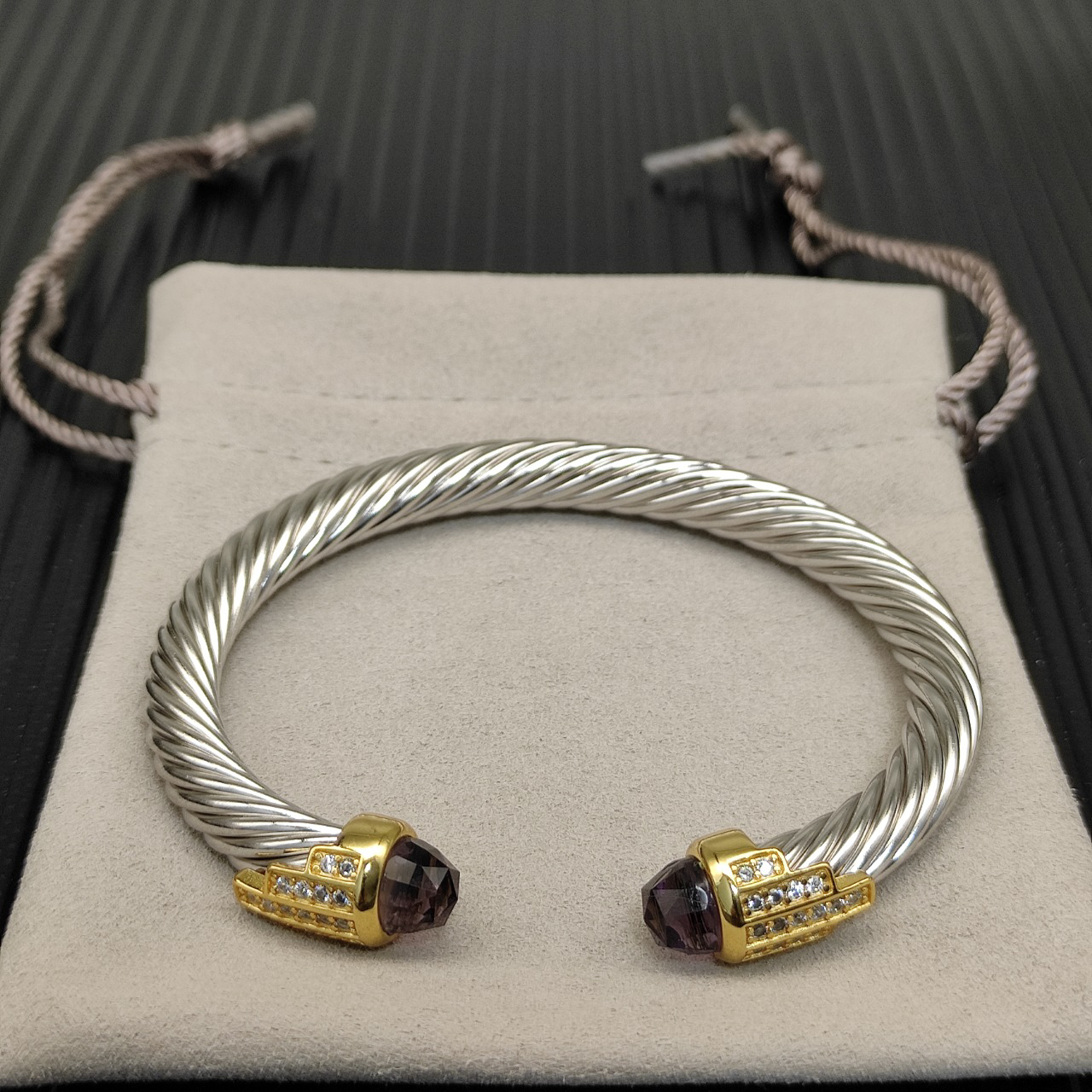 7mm Cable Bracelet with Amethyst & Diamond Accents – Gold Cap