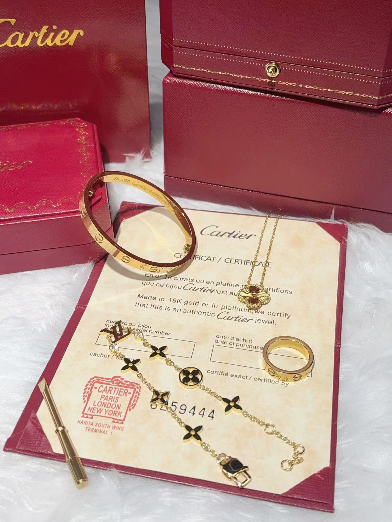 LOVE BRACELET + LOVE RING + VINTAGE ALHAMBRA PENDANT + IDYLLE BLOSSOM MONOGRAM BRACELET, YELLOW GOLD AND DIAMONDS