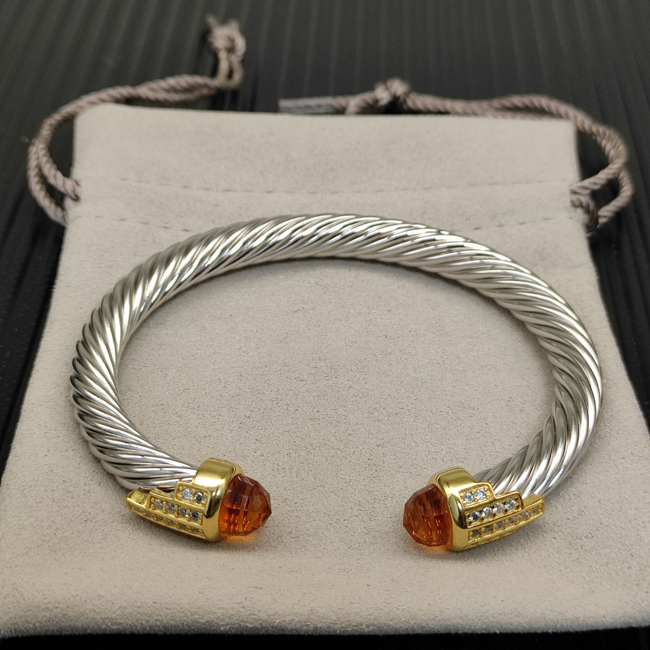 7mm Cable Bracelet with Champagne & Diamond Accents – Gold Cap